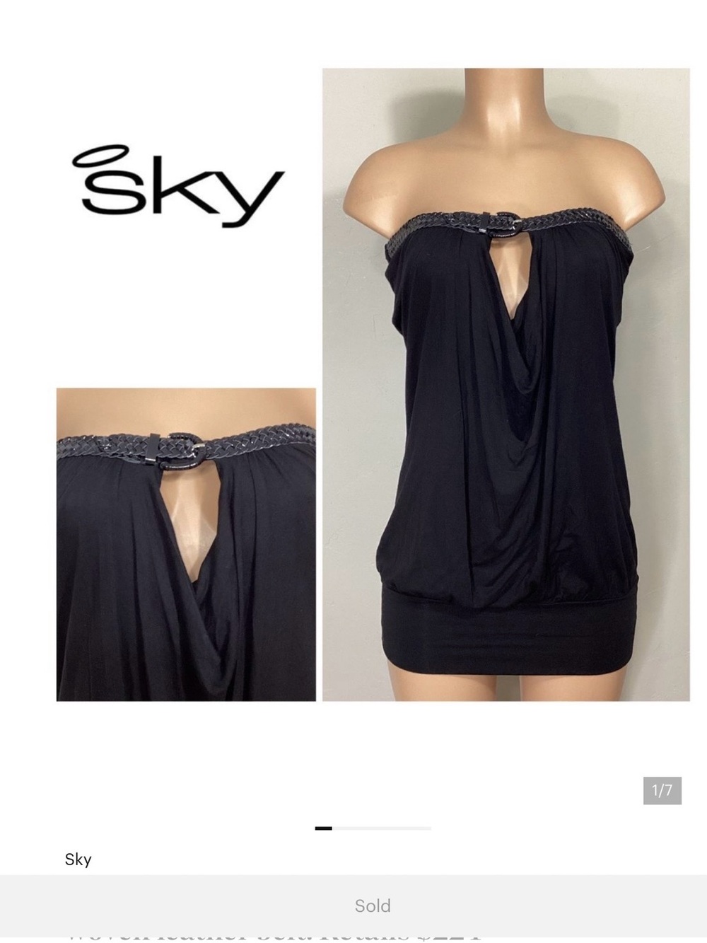 New. SKY black bandeau drape dress with woven leather belt. Retails $224